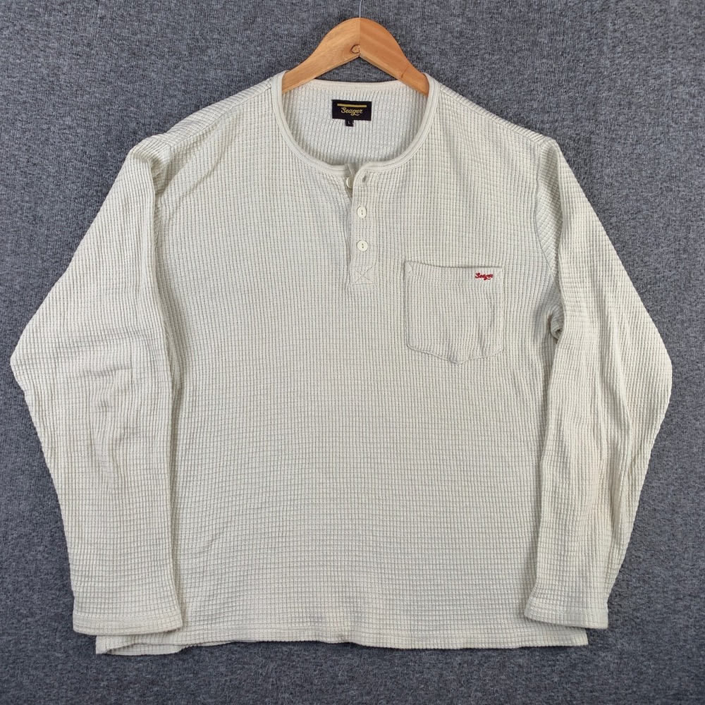 Seager Henley Shirt Men Large Cream Stone Knit Thermal Long Sleeve Modern
